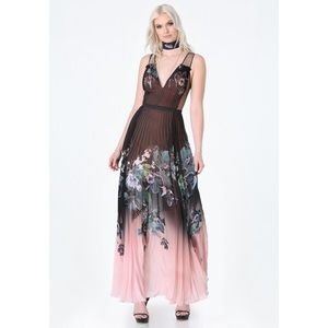 BEBE Women’s Black Print Pleated Maxi Dress